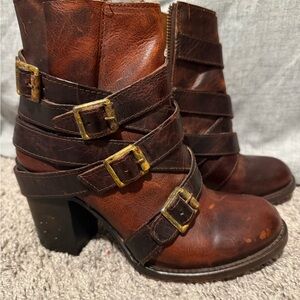Freebird Brown Leather Buckle Strap Ankle Boots